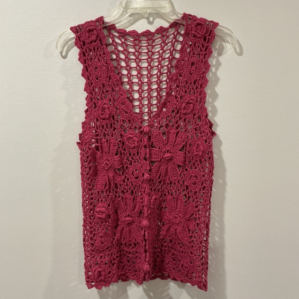 Magenta Pink Floral Crochet Vest Sleeveless V-Neck Button Front Boho Top small